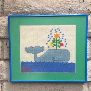 80’s Whale needlepoint framed Whale wall hanging